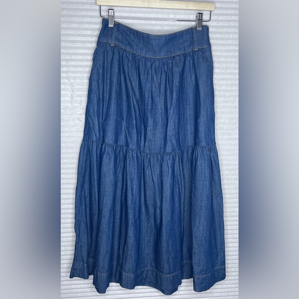 Boden Denim Tiered Midi Dark Wash Skirt Women Size 8 Cotton Western Bohemian